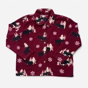 cottagecore red patterned moose and tree button up fleece